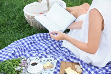 Kadın okuma kitabı üzerinde piknik