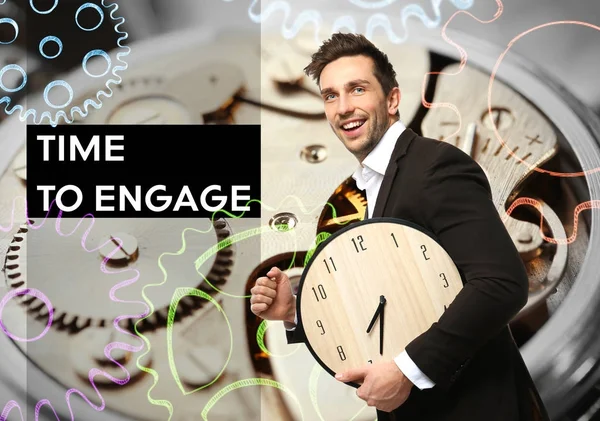 Young businessman and clock mechanism on background. Concept of business engagement — Stock Photo, Image