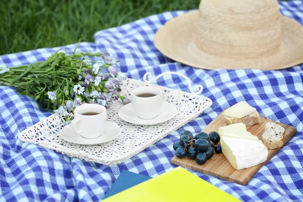Delicious food and hot coffee for picnic — Stock Photo, Image