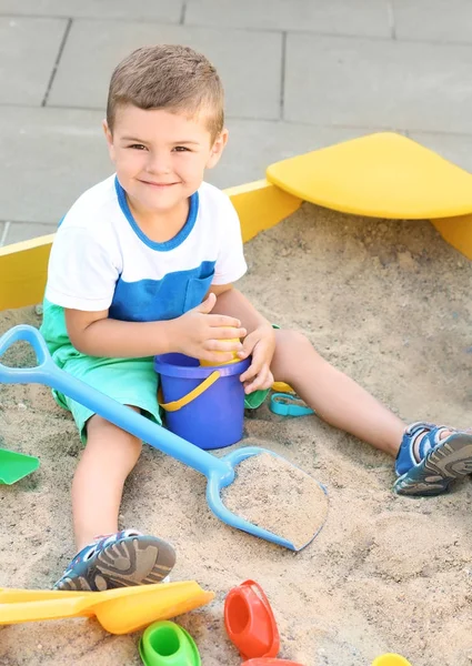 Little Boy Playing Toys Sand Box Outdoors — Stock Photo, Image