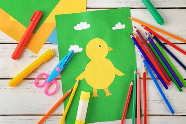 Adorable childish applique and many colorful pencils — Stock Photo, Image