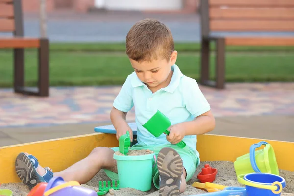 Little Boy Playing Toys Sand Box Outdoors — Stock Photo, Image