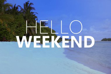 Metin Merhaba hafta sonu ve manzara arka plan üzerinde