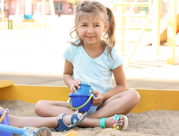 Little Girl Playing Sand Box Outdoors — Stock Photo, Image