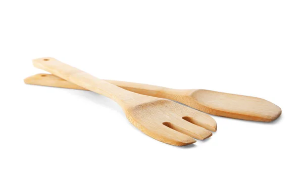 Tenedor y espátula de madera, aislados en blanco — Foto de Stock