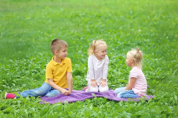 Anak-anak kecil yang manis duduk di atas selimut di taman — Stok Foto