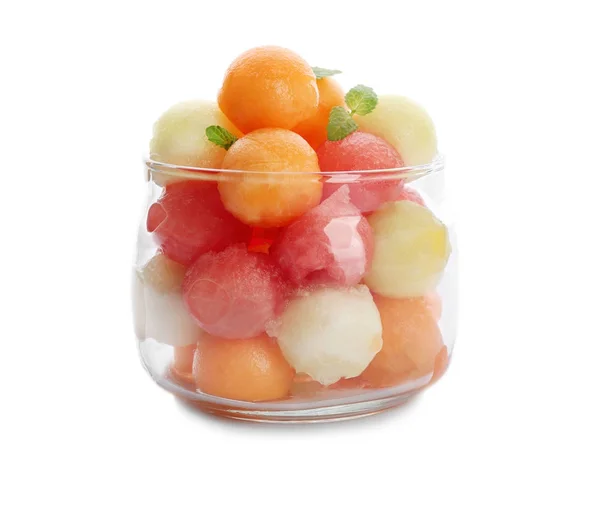 Jar with fresh melon and watermelon balls — Stock Photo, Image