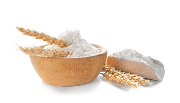 Bowl and scoop with flour — Stock Photo, Image