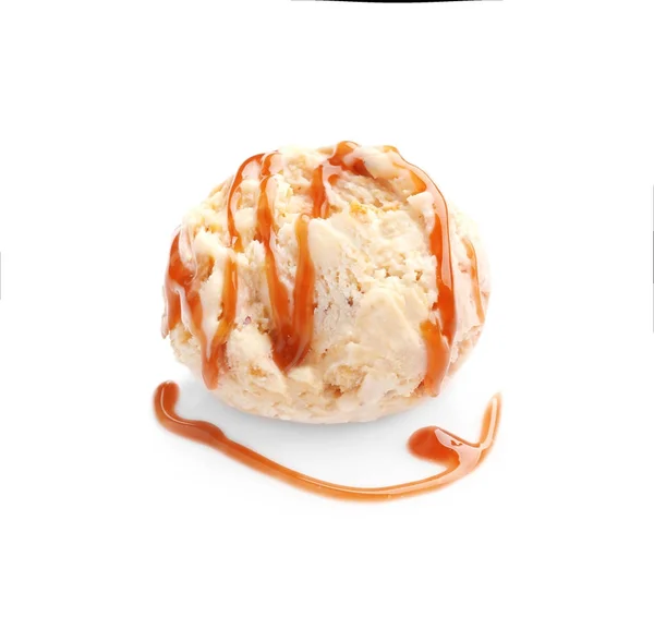 Scoop of ice cream with caramel topping — Stock Photo, Image