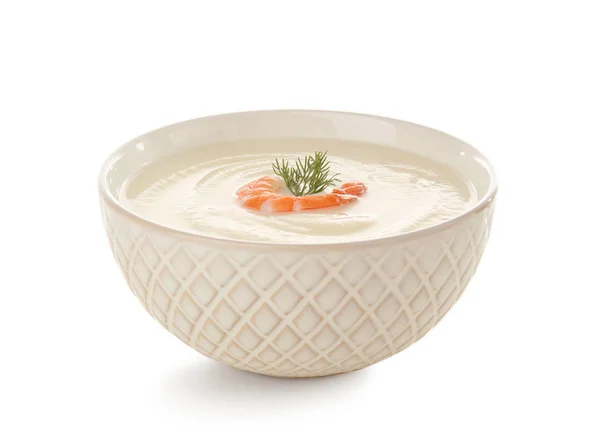 Chutná krémová polévka s krevetami v misce — Stock fotografie
