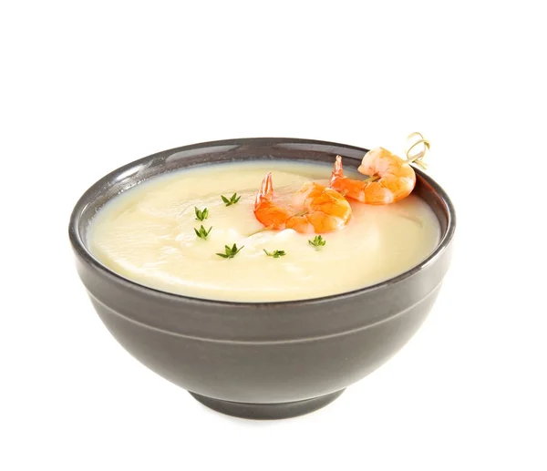 Tasty cream soup with shrimps in bowl — Stock Photo, Image