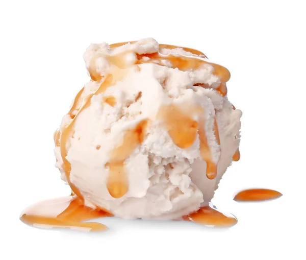 Scoop of ice cream with caramel topping — Stock Photo, Image