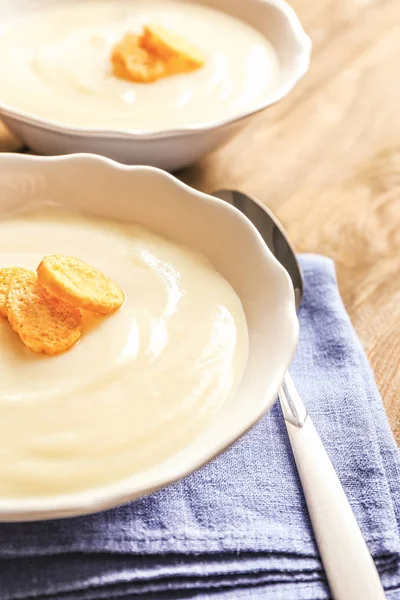 Potato cream soup in bowls — Stock Photo, Image