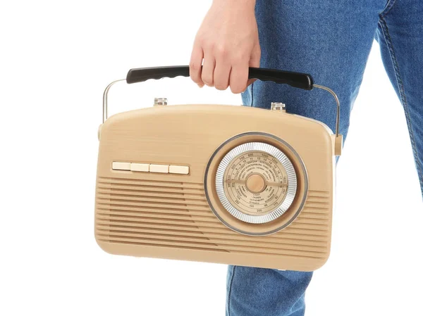 Vrouw met retro radio — Stockfoto