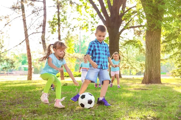 Bonito crianças brincando com bola no parque — Fotografia de Stock