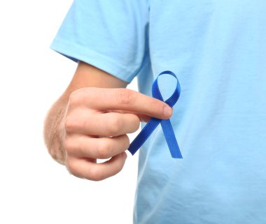 Young man holding blue ribbon  clipart