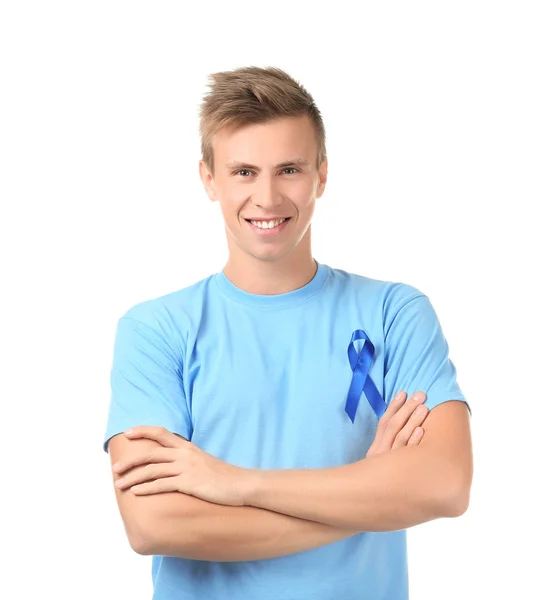 Young man wearing shirt with blue ribbon — Stock Photo, Image