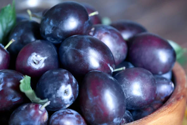 Fresh plums in bowl — Stock Photo, Image