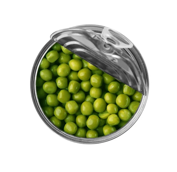 Open tin can with green peas — Stock Photo, Image