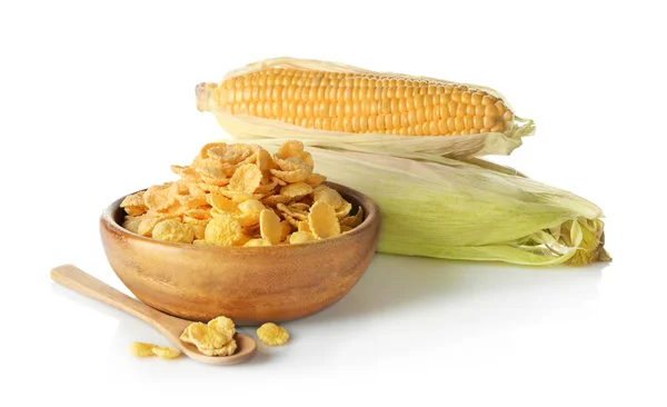 Prato com flocos de milho e espigas — Fotografia de Stock