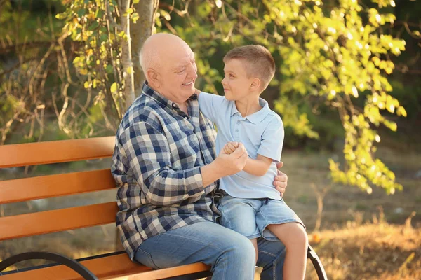 Feliz hombre mayor con nieto sentado en el banco en el parque — Foto de Stock