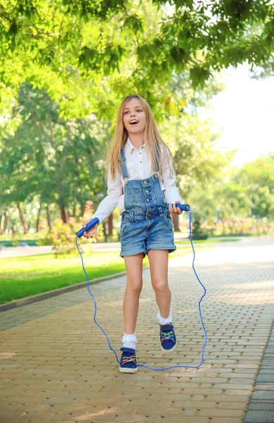 Cute Little Girl Jumping Rope Park — Stock Photo, Image