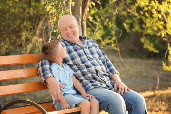 Feliz hombre mayor con nieto sentado en el banco en el parque — Foto de Stock