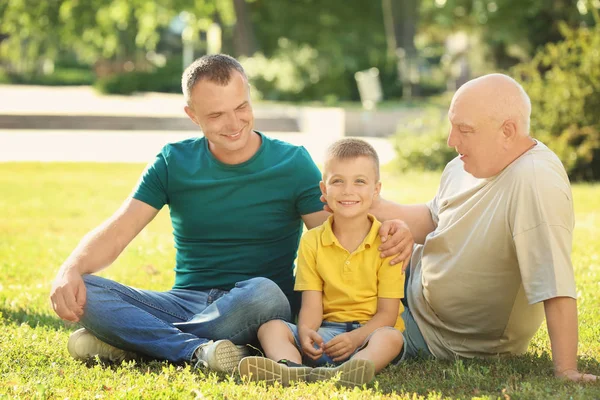 Little boy with dad and grandfather in park — Stock Photo, Image