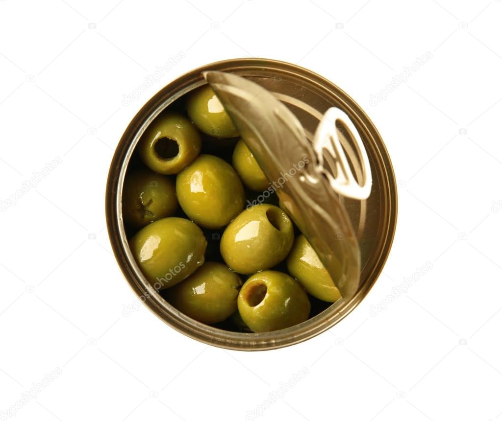 Open tin can with olives 