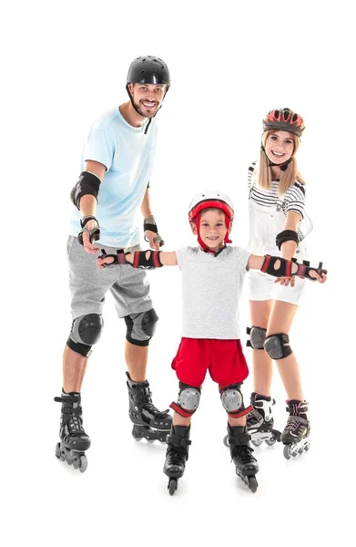 Pareja con hijo en patines sobre fondo blanco —  Fotos de Stock
