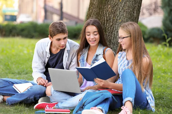 Mladí studenti s notebookem venku studium — Stock fotografie