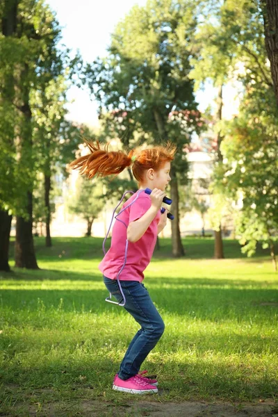 Cute Little Girl Jumping Rope Park — Stock Photo, Image