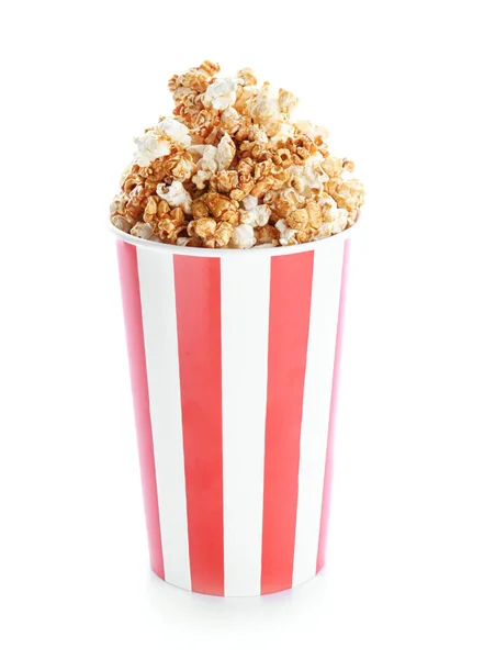 Cup with tasty caramel popcorn — Stock Photo, Image