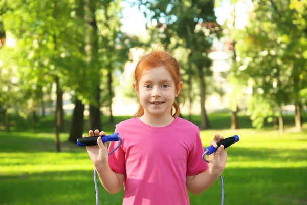 Cute Little Girl Jumping Rope Park — Stock Photo, Image