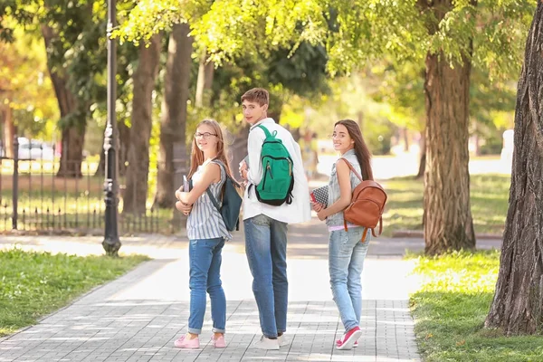 Студенты, гуляющие вместе в парке — стоковое фото