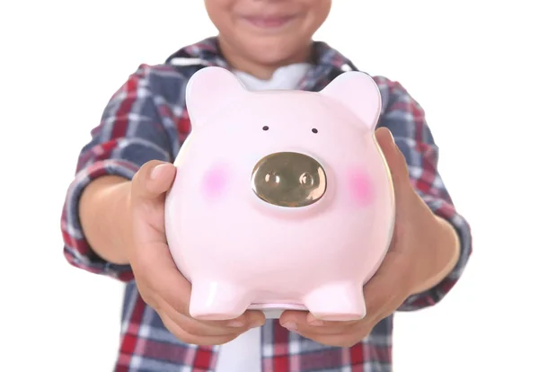 Little boy with piggy bank — Stock Photo, Image