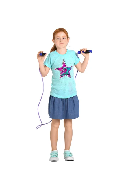 Cute Little Girl Jumping Rope White Background — Stock Photo, Image