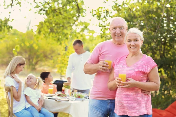 Feliz pareja de ancianos con familia teniendo una fiesta de barbacoa al aire libre —  Fotos de Stock