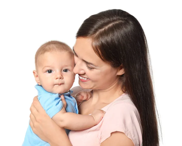 Jovem feliz com bebê bonito — Fotografia de Stock