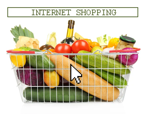 Mand met voedsel op witte achtergrond. Internet shopping concept — Stockfoto