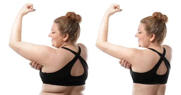 Mujer joven antes y después de la pérdida de peso sobre fondo blanco. Concepto de salud y dieta —  Fotos de Stock