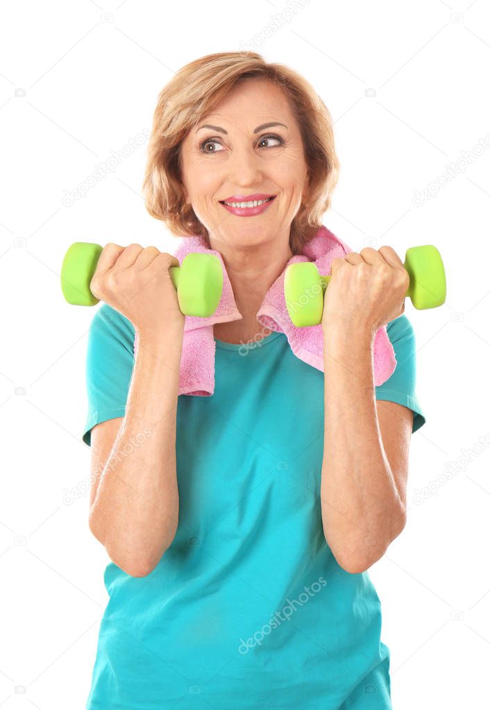 elderly woman with dumbbells