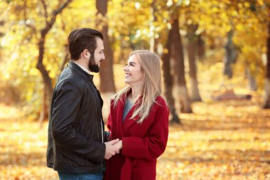 Genç bir çift parkta yürüyor. 