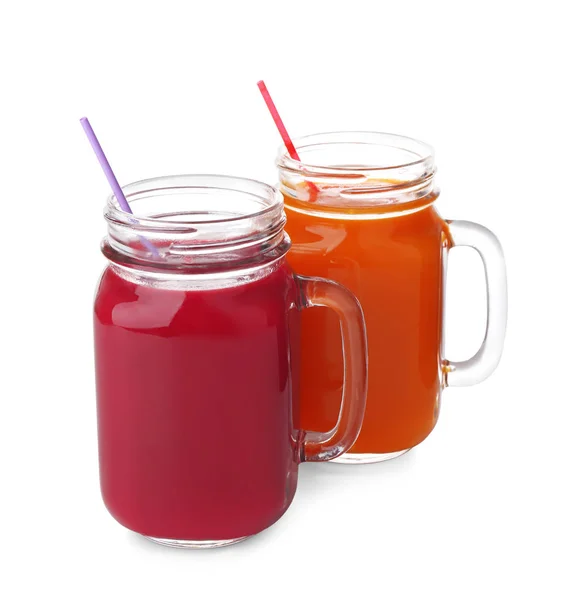 Mason jars with various fresh juices — Stock Photo, Image