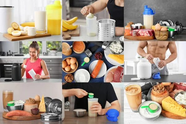Collage av personer med protein shakes och mat — Stockfoto