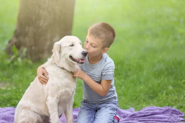Sevimli küçük çocuk ile köpek park — Stok fotoğraf