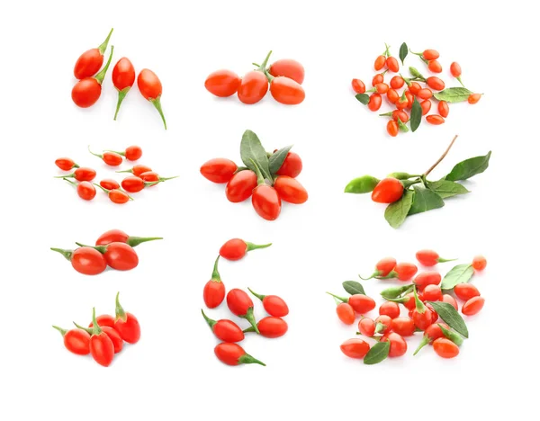 Collage with goji berries on white background — Stock Photo, Image