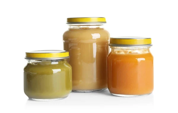 Jars with different baby food — Stock Photo, Image