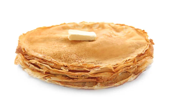 Delicious thin pancakes on white background — Stock Photo, Image
