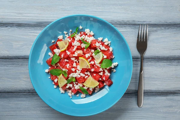 Plate with delicious watermelon salad — Stock Photo, Image